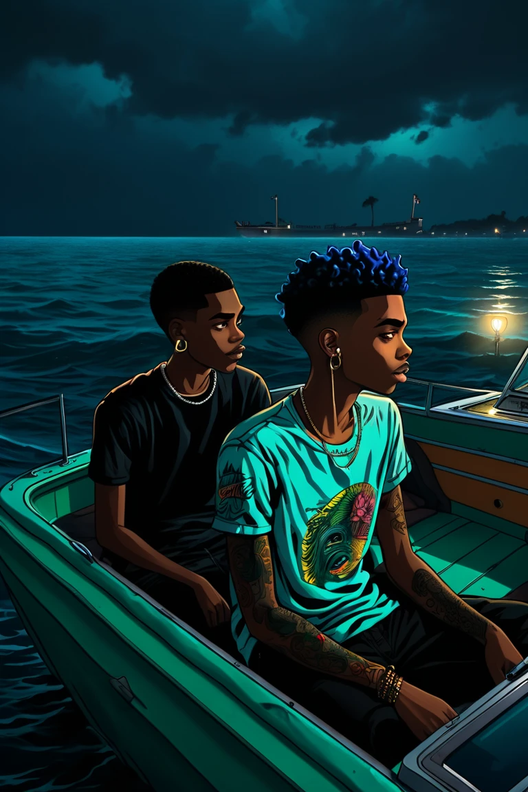 the ocean, Calm waves, two skinny and black teenage boys,  with colored hair .  and a tall man with them ,  inside the motorized boat , tattooed and burly , brave face, with earrings. at night.  Gloomy and ghostly atmosphere 