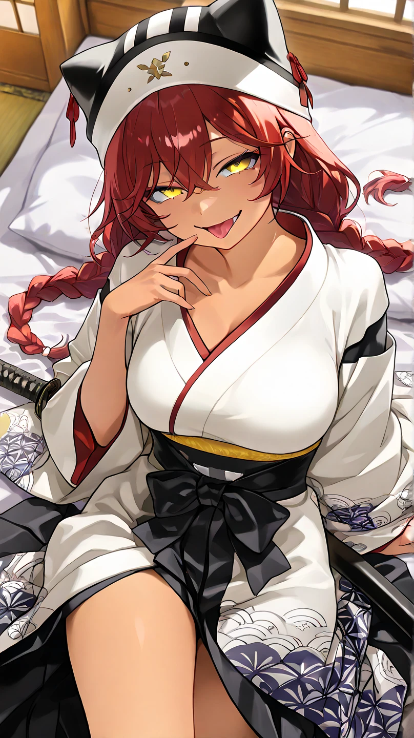 ,  High Quality , 最 High Quality , masterpiece,  high res, detailed face , anatomically correct , 
 yellow eyes,  red hair,  braids,,  wearing a black beast ear hat , One girl , solo, Dark Skin, brown skin, adult woman, Beautiful Women,Beauty,
Inside a Japanese house(Japanese-style room),
samurai, white kimono on top (Kimono with a cloud pattern ),Black hakama underneath ,samuraiの女性,Wear a kimono so you can't see your skin,Katana,Katanaを抱き締めている,Katanaを抱きしめながら寝転んでいる,Katanaの鞘に雪の柄が入っている,Katanaの大きさは彼女に合わせて,
Lie on the bed,彼女はKatanaを抱きながらベッドの上に寝転んでいる,Lie on your back on the bed
Closeup , from your hand and direct your gaze, Medium build,accurate, slightly larger breasts,
smile, ecstatic expression beside the piano,excited, tongue, open your mouth slightly ,mischievous personality , seductive smile ,Her eyes are frowning ,Up to the thighs,Draw her in a larger size,Crazy look, mischievous face , teases viewers
angle from above,
 staring at me , frowns, staring with thin eyelids,Eyes on garbage, contemptuous eyes ,  smirking,