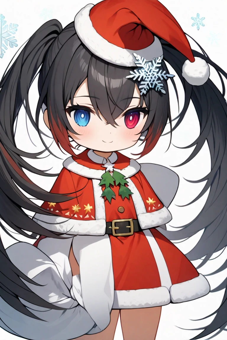  maximum resolution,  very detailed ,  Best Quality ,precise,  masterpieces , Solo,  looking at the audience ,1 woman,padoru ,chubi ,  black hair,  Waist-Length Twinkle Hair ,Orange Gradient Hair , heterochromia, red-eyed, blue eyes, X-Shaped Eyelet, smile padoru  , Christmas dress ,Santa Claus Hat ,White Gift Bag Stand, white background ,Snowflake, Anatomically Correct