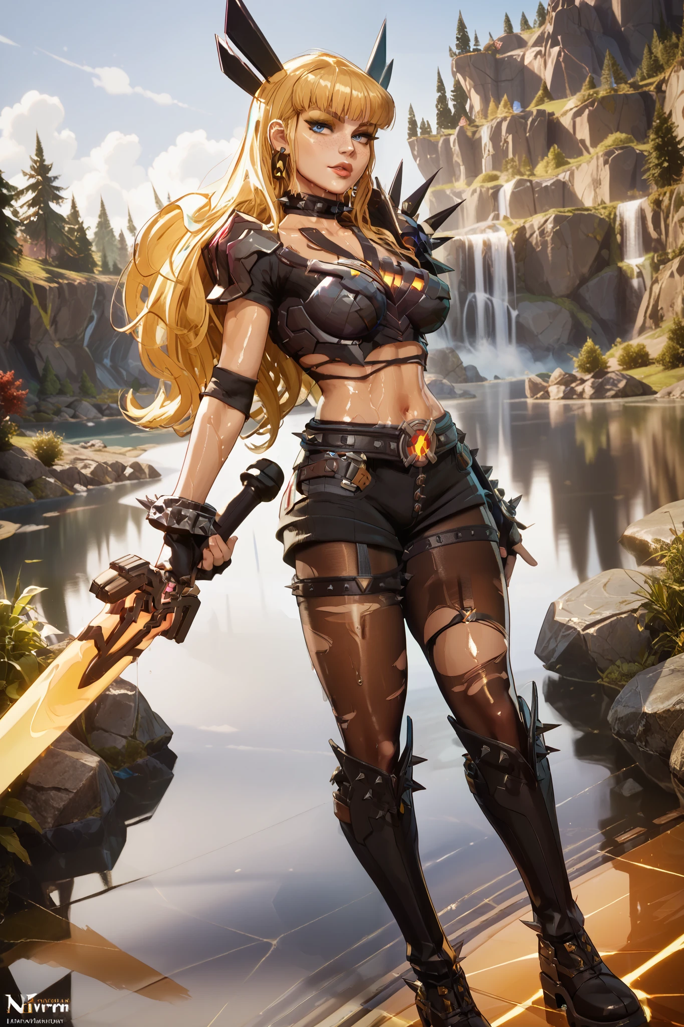 ass facing screen, turned away,((masterpiece)), ((best quality)), (detailed), beautiful dark lighting, perfect, luscious lips, dark beautiful lighting, perfect, luscious lips, skinny, fit, athletic, Magik marvel rivals, Magik, Illyana Rasputina, tall, long blonde hair with bangs, blue eyes, tight black crop-top that exposes her cleavage and mid-riff, Lower down shes wearing a very small pair of black hot-shorts, thigh high boots, Soul sword, Huge flaming sword, standing facing away while looking back seductively with anus facing the screen, camera angle from behind, full body, nsfw, not safe for work, wet body, nice body, fit, thighs, curvy, sexy, beautiful legs, feminine body, thighs, curvy, sexy, complex detailed background, Hellscape, lava lake, magma, dark beautiful lighting, (((oiled collarbones))), (((oiled collarbones))), Beautiful face, Perfect face, Defined facial features, hard bone facial bone structure, defined cheek bones, Highly detailed beautiful face and eyes, evil seductive face, Detailed face, Detailed skin, 1girl, blue eyes, blonde hair, long hair, freckles, midriff, earrings, belt, black shorts, armor, shoulder armor, pauldrons, spiked bracelet, spiked collar, thigh straps, black gloves, fingerless gloves, brown pantyhose, torn pantyhose, knee boots