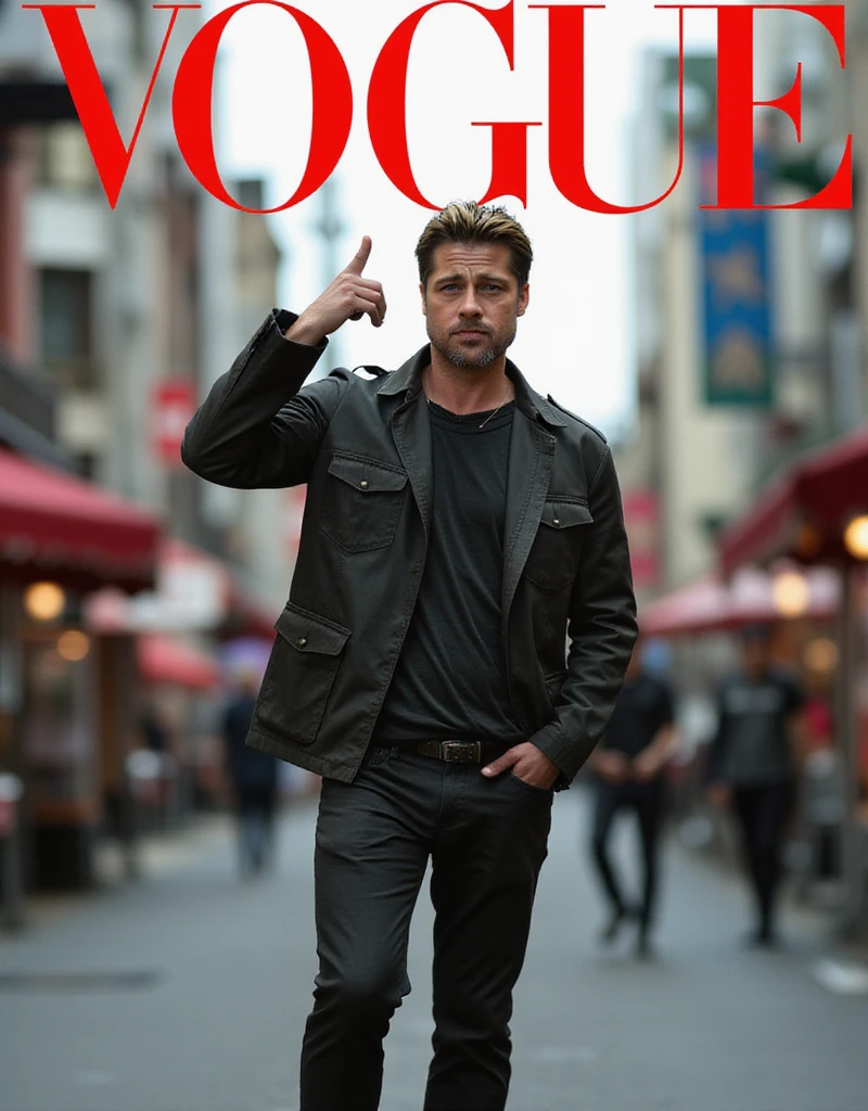 Magazine front cover " Vogue " written in middle Red decoration letters at the upon the screen   Front pose, standing pose,  right hand thumb up, Front view, cowboy shot, (1 man is Brad Pitt,  61-age. , smile,  morning style , black jacket and vest , pant, leather shoes), , background street  of Tokyo , in Japan,  (super detail, high details, high quality, accurate, anatomically correct, textured skin, beautiful fingers super detail, high details, high quality, best quality)