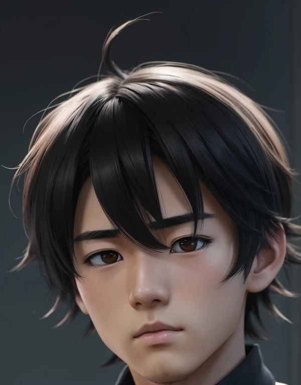 There is a young MAN (    with a normal and typical Japanese face  )  , ugly face(average), with short hair and white t-shirt , adolescente hiper     realistic     , sujeto hiper     realistic     , Chico anime     realistic     ,     anime style realism     , estilo de arte anime     realistic     , estilo de arte de anime     realistic     , Estilo anime 3D     realistic     ,     Portrait of an anime boy     ,        work of art in the style of Guweiz    , Detallado     Portrait of an anime boy     ,      incredible facial portrait of a dark anime     . model,     of Asian origin     (average, bajo average), idol face,     I just saw the spectator     , retrato(     realistic     :1.4), (:1.0),     black eyes ,   small eyes   (perfecta, Dark),   small eyes (perfect), eyes (perfect,Serious),eyelash(perfecta),shirt, thin eyebrows(perfect),  square face, dyed hair (negro ), hair perfect con , hair, Makoto himself     (     tsuki ga michibiku isekai douchuu     ),