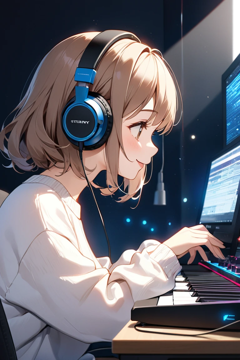 (masterpiece: 1.3,  highest resolution,  top quality , 8k,  depth of field , 8k,  Very Delicate Illustration ,  PERFECT DETAIL),  perfect lighting, ( one very cute girl ),Side View, lightly wavy brown hair, Alone,  girl making music on her home studio computer,  Rembrandt,  silent recording studio ,  detailed body ,  white sweater, Singing with a happy expression , ( sitting in front of a MIDI keyboard :1.1, Native Instruments Complete Control S88 ),   is headphones , SONY MDR-CD900ST, operating computer iMac ,  monitor shows DAW interface , Steinberg cue base , beautiful fingers playing the keyboard , Delicate hands,  colorful musical note marks around her ,  night sky light shining through a window ,  a room illuminated by night lights ,  fluorescent desk light 