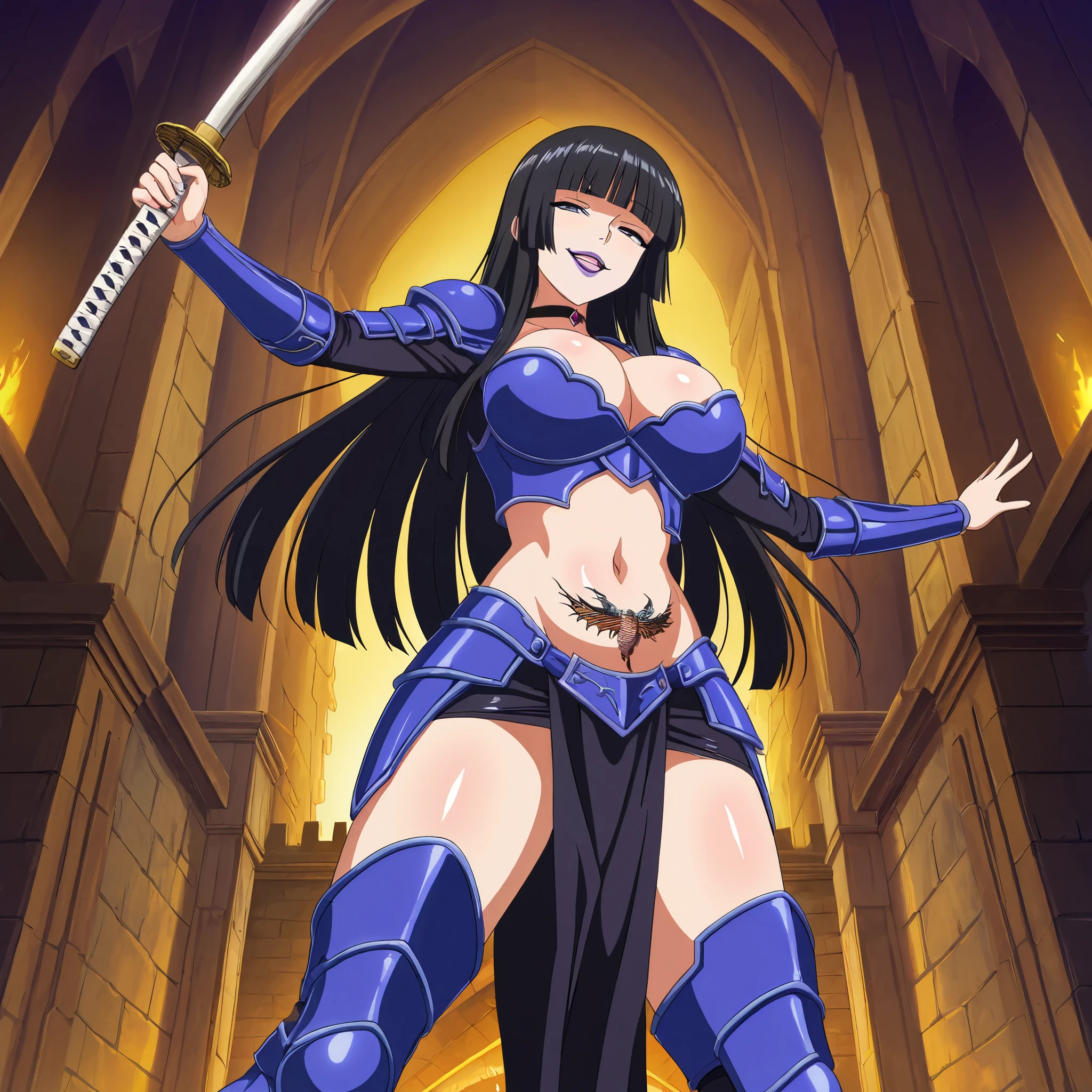 score_9, score_8_up, score_7_up,score_6_up, score_5_up, score_4_up , 1girl, solo,
large breasts, ladysiodg, long hair, black hair, hime cut, purple lips,
thighboots, choker, half-closed eyes, holding katana, masterpiece, best quality, highly detailed, fantasy , a girls in armored dress holding a sword
posing for a picture, evil smile, smile, open mouth, breastplate with open cleavage, cleavage, warrior
outfit, ecchi style, (nsfw) not safe for work, , official artwork, visual novel cg, beautiful girl, anime style 4 k , loincloth, exposed
belly, exposed navel, exposed midriff, exposed lower belly, pencil skirt armored, castle,inside castle, ,from below, dragon tattoo , shiny skin, tattoo , tattoo midriff, open arms sideway, arms T-pose, smirk, standing, anime girl T posing