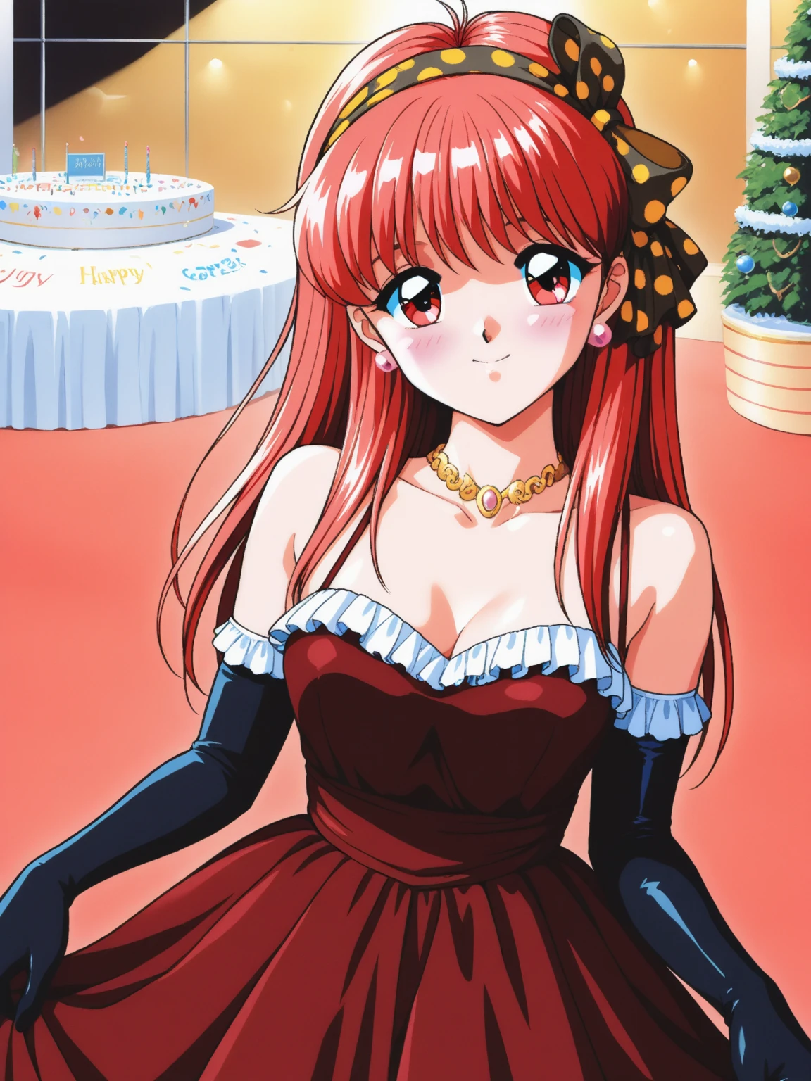 masterpiece, best quality,FujisakiShiori, 1girl, solo, long hair, red hair, red eyes, breasts, smile, happy, blush, black polka dots yellow hairband with hair bow, shiori dress, red dress, frills, bare shoulders, elbow gloves, necklace, earrings, party, retro artstyle,
