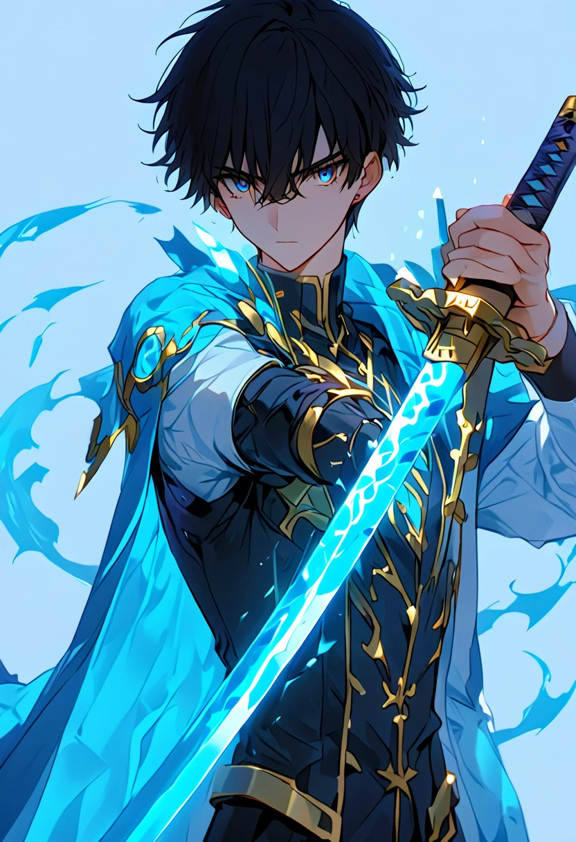 (masculine,male,boy), 20th, 1 male, absurdres, energy_arrow, upper_body, hair_between_eyes, holding, holding_weapon, swords, white_shirt, aiming, harmony, undershirt, weapon, jewelry, cape, shirt, blue_cape, fate_(series), simple_background, gold, short_hair, black_hair, highres,