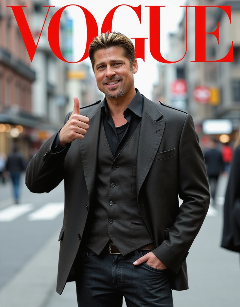 Magazine front cover " Vogue " written in middle Red decoration letters at the upon the screen   Front pose, standing pose,  right hand thumb up, Front view, cowboy shot, (1 man is Brad Pitt,  61-age. , smile , black jacket and vest , pant, leather shoes), background street  of Tokyo , in Japan,  (super detail, high details, high quality, accurate, anatomically correct, textured skin, beautiful fingers super detail, high details, high quality, best quality)