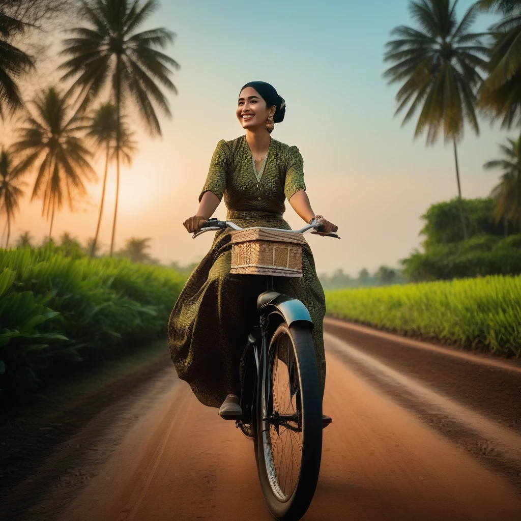 Close up photo of a black antique bicycle driven by a young white Javanese woman, smiling happily, wearing a light green hijab carrying a box containing rolled up brown bananas, wearing a black batik kebaya, Javanese black and white checkered batik sarong, background red dirt road with banana trees lining the left side and rows of colorful wild flowers on the side of the road, green trees lined up looking very beautiful in the distance, orange blue sky, adding a romantic atmosphere, realistic photo of Raden Saleh's art style, cool bright lighting