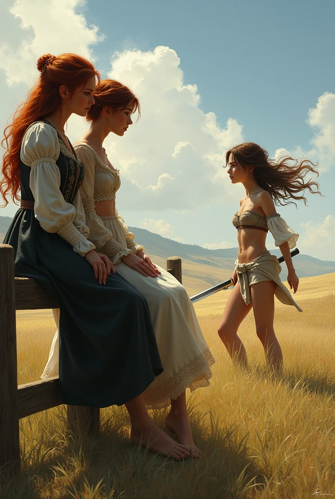 Two redheaded women and two brunettes sit on a fence as they watch the muscular farmer, wearing no shirt, working with hay