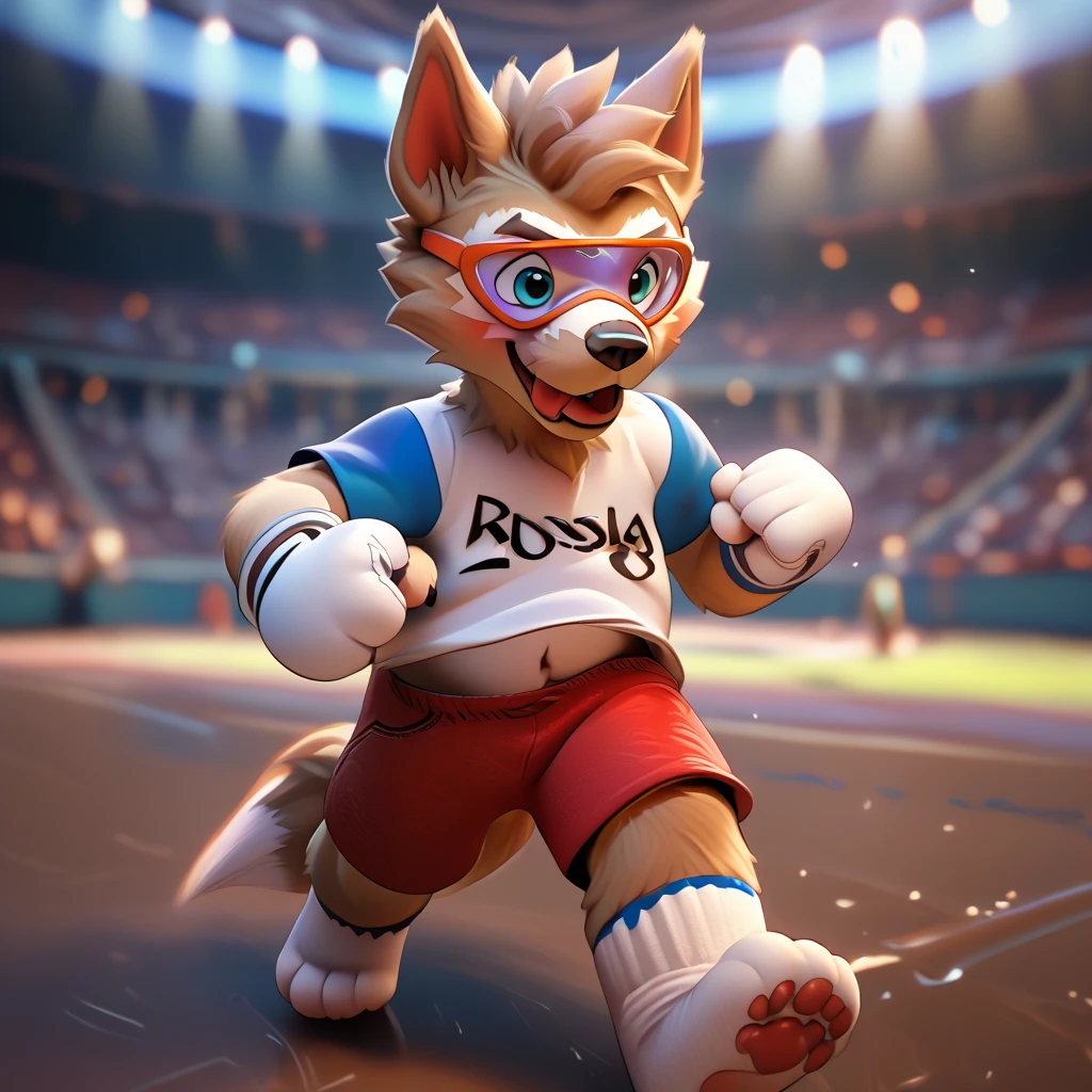 zabivaka, solo, anthro, mammal, (without blouse and shirt), male focus, fifa, glasses, blush, tongue, tail, topwear, (red shorts: 1.1), dog boy, belly, goggles, wearing boxing gloves, wearing boxing shorts, chubby, self-raised, blurred background, claws, soccer ball, football, paws, digitigrade, standing, anime style,