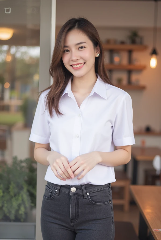  Korean girl with long hair ,  Natural Brown Hair ,   medium chest,  Smiling, seeing white teeth,  Wear a white short-sleeved collar shirt with a 40-inch chest,  Long black jeans, RANDOM GESTURES, stand ,  Daylight  ,  daylight  ,That in the cafe  ,