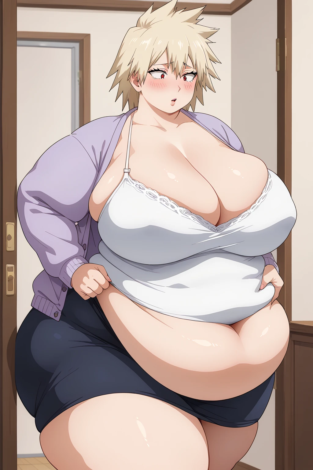  score_9,   score_8_ up,   score_7_ up,   score_6_ up,   score_5_ up,   score_4_ up,     Masterpiece  ,   top quality ,   very aesthetic,   absurd, mitsuki bakugo,milf,  purple cardigan ,  Long Sleeve ,  white camisole,  black skirt,  Source_Anime, Anime screencap,    one woman , Alone,  personal  ,   long hair, Super huge breasts, ((( super huge clevis, Super huge , Super huge boob))), Curvy,   wide hips ,   Embarrassing Expression, Fat body,   chubby,  obese  ,blush,  shy women ,  Stomach Flesh Protruding From Clothes,　 sloppy stomach, Mature Woman, milf, 40 years old, ssbbw,,  saggy stomach ,  in the room,  big eyes,  giant areolas,  abdominal fat is exposed, Obese belly fat 