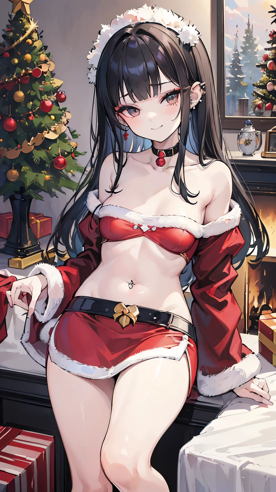 High quality, masterpiece, ultra-detailed, thighband pantyhouse, red panties, nipples, 1girl, solo, peaceful expression, long black hair, enchanting blue eyes, fox ears, ridiculously large breasts, grabbing own breast, shiny skin, bedroom, christmas