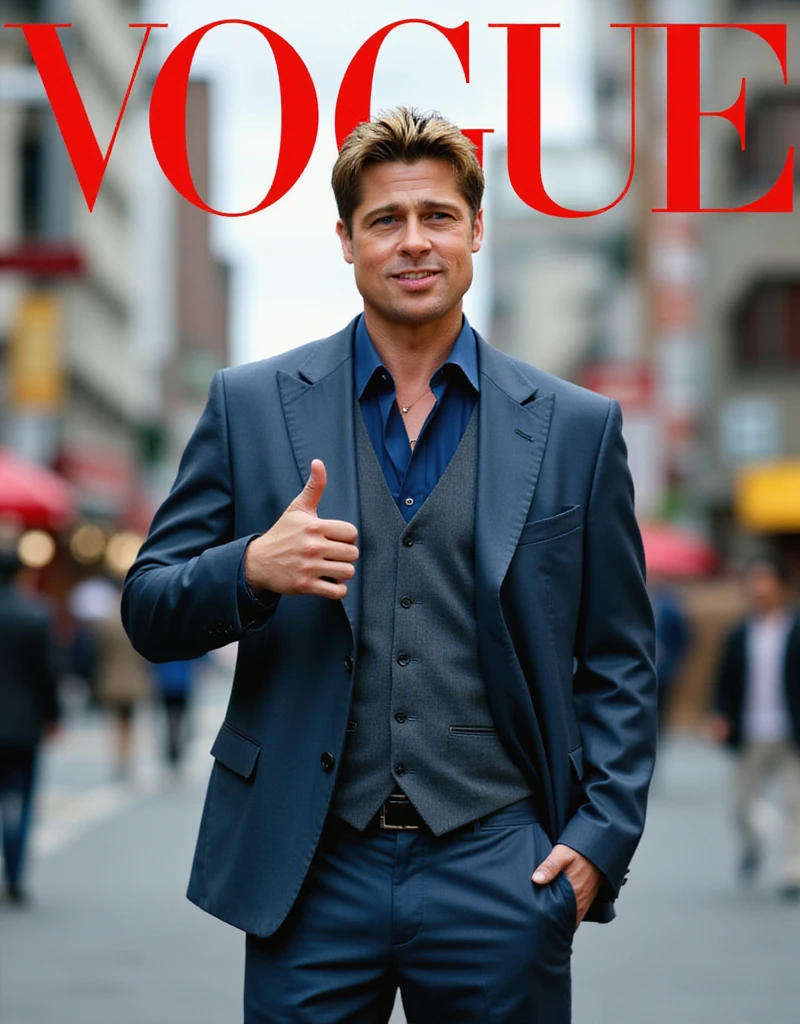 Magazine front cover " Vogue " written in middle Red decoration letters at the upon the screen   Front pose, standing pose,  right hand thumb up, Front view, cowboy shot, (1 man is Brad Pitt,  61-age. , smile , blue jacket and vest , pant, leather shoes), background street  of Tokyo , in Japan,  (super detail, high details, high quality, accurate, anatomically correct, textured skin, beautiful fingers super detail, high details, high quality, best quality)