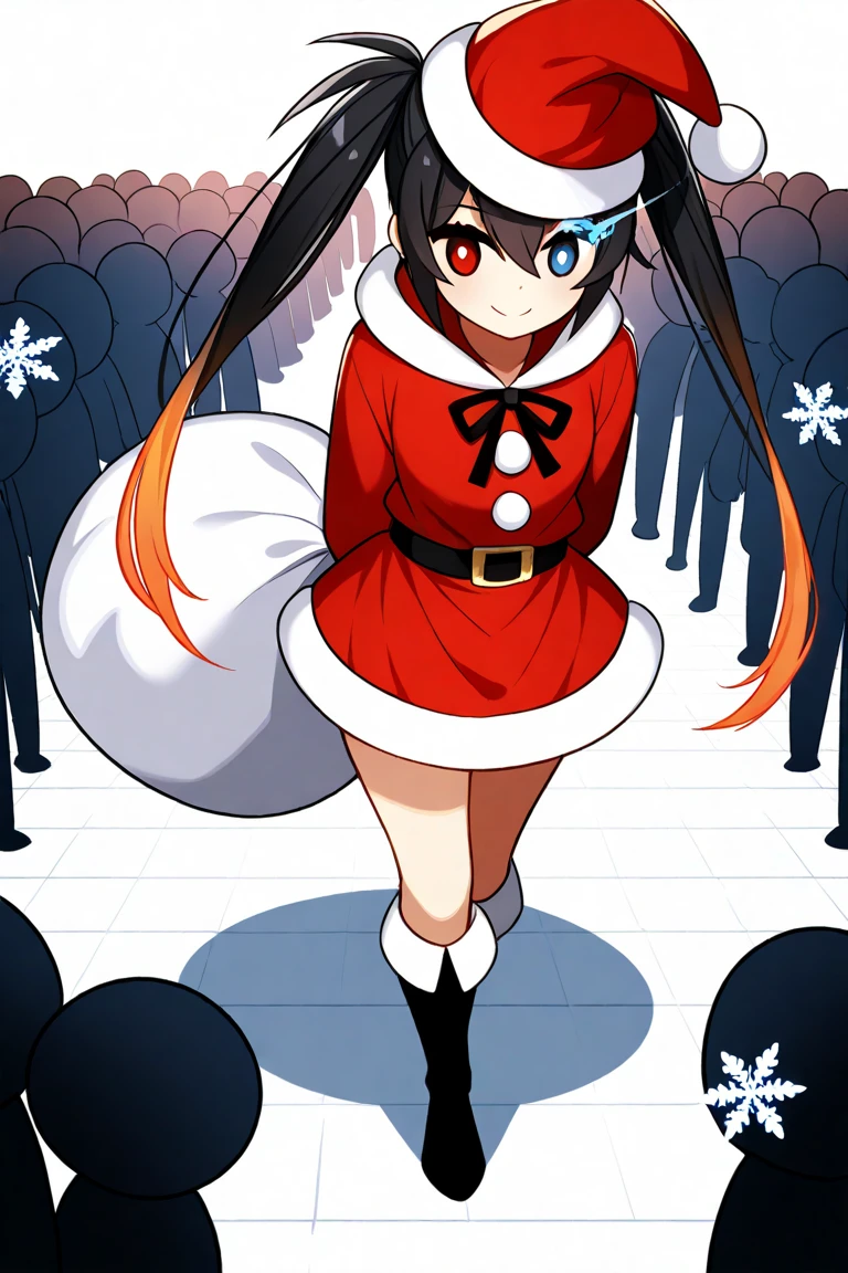  maximum resolution,  very detailed ,  Best Quality ,precise,  masterpieces , Solo,  looking at the audience ,1 woman,padoru ,chubi ,  black hair,  Waist-Length Twinkle Hair ,Orange Gradient Hair , heterochromia, red-eyed, blue eyes, X-Shaped Eyelet, smile padoru  , Christmas dress ,Santa Claus Hat ,White Gift Bag Stand, white background ,Snowflake, Anatomically Correct