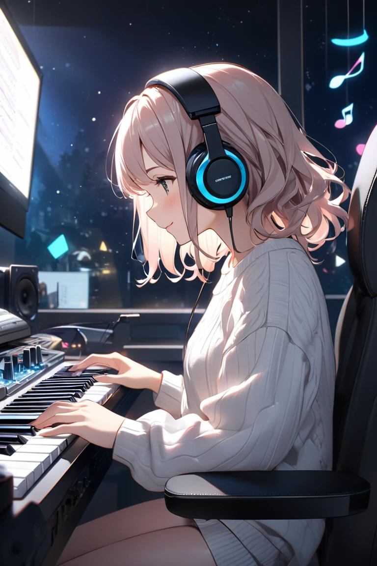 (masterpiece: 1.3,  highest resolution,  top quality , 8k,  depth of field , 8k,  Very Delicate Illustration ,  PERFECT DETAIL),  perfect lighting, ( Very Cute Single Girl ),Side View, Lightly wavy hair, Alone,  a girl making music on her home studio computer,  Rembrandt,  Silent Recording Studio ,  detailed body , white sweater,  happy expression, ( sitting in front of a MIDI keyboard :1.1, Native Instruments Complete Control S88 ),   Neon Glare Around Her Headphones  , SONY MDR-CD900ST, Operating Computer iMac ,  Monitor The DAW interface will appear , Steinberg Cube Bass ,Beautiful Fingers Playing a Keyboard , Delicate hands,  Surrounding Her There Are Colorful Musical Note Marks ,  night sky light shining through a window ,  Night Light Illuminated Room ,  fluorescent desk light 