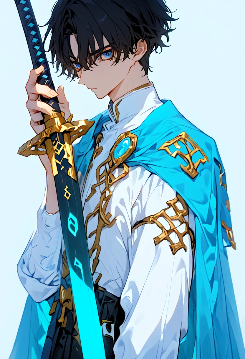 (masculine,male,boy), 20th, 1 male, absurdres, upper_body, hair_between_eyes, holding, holding weapon, rune swords, white_shirt, harmony, undershirt, weapon, jewelry, cape, shirt, blue_cape, fate_(series), simple_background, gold, short_hair, black_hair, highres,