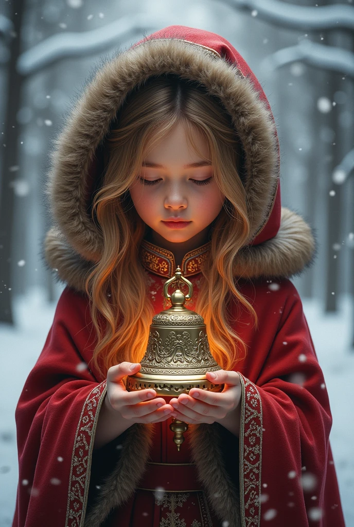  A beautiful bell in the hand of a girl wearing a beautiful New Year's red Cloak with fur, Snowy winter season ,  masterpiece fails, 8 k,  complicated details,  maximum quality ,  better quality , 