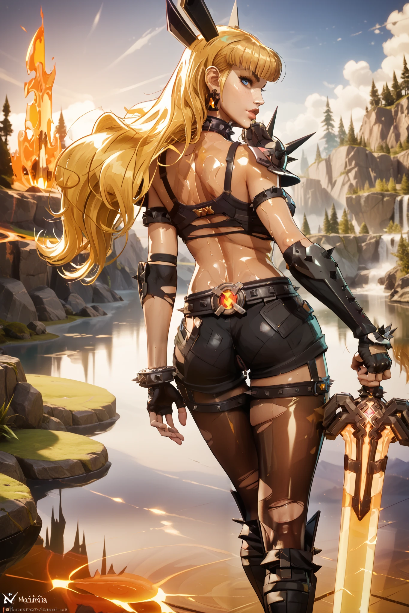 turned around, turned away looking back, anus facing the camera, ((masterpiece)), ((best quality)), (detailed), beautiful dark lighting, perfect, luscious lips, dark beautiful lighting, perfect, luscious lips, skinny, fit, athletic, Magik marvel rivals, Magik, Magik from behind, Illyana Rasputina, tall, long blonde hair with bangs, blue eyes, tight black crop-top that exposes her cleavage and mid-riff, Lower down shes wearing a very small pair of black hot-shorts, thigh high boots, Soul sword, Huge flaming sword, standing facing away while looking back seductively with anus facing the screen, camera angle from behind, full body from behind, nsfw, not safe for work, wet body from behind, nice body from behind, fit, thighs, curvy, sexy, beautiful legs, feminine body, thighs, curvy, sexy, complex detailed background, Hellscape, lava lake, magma, dark beautiful lighting, (((oiled collarbones))), (((oiled collarbones))), Beautiful face, Perfect face, Defined facial features, hard bone facial bone structure, defined cheek bones, Highly detailed beautiful face and eyes, evil seductive face, Detailed face, Detailed skin, 1girl, blue eyes, blonde hair, long hair, freckles, midriff, earrings, belt, black shorts, armor, shoulder armor, pauldrons, spiked bracelet, spiked collar, thigh straps, black gloves, fingerless gloves, brown pantyhose, torn pantyhose, knee boots