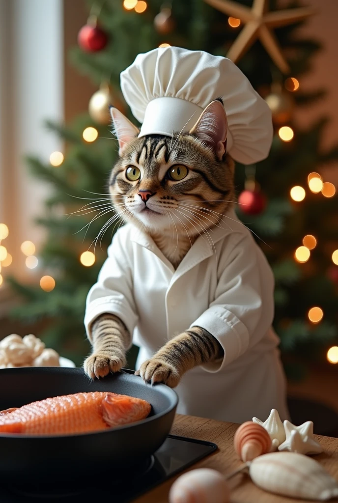 A realistic scene of a cat dressed as a chef cooking fish, wearing a white chef's hat and apron. The background features a cozy Christmas setting with twinkling fairy lights, a decorated Christmas tree, and festive ornaments. The cat is standing by a stove with fish in a pan, while subtle sea-themed elements like seashells and starfish are integrated into the holiday decor for a unique, lifelike touch