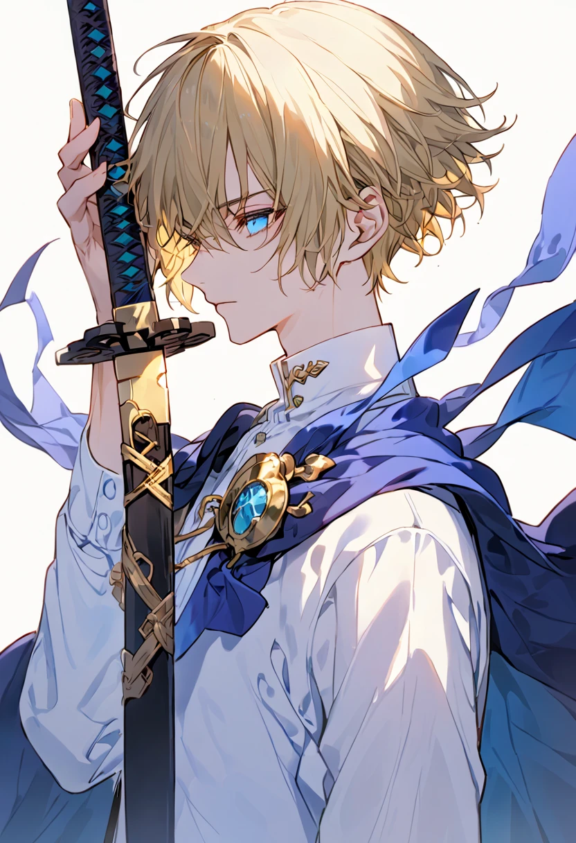 (masculine,male,boy), 20th, 1 male, absurdres, upper_body, hair_between_eyes, holding, holding_weapon, rune swords, white_shirt, harmony, undershirt, weapon, jewelry, cape, shirt, blue_cape, fate_(series), simple_background, gold, short_hair, black_hair, highres,