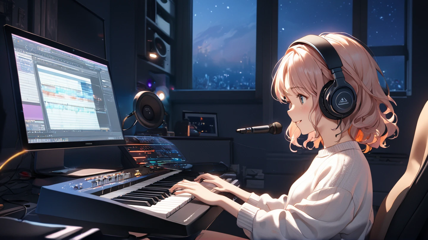 (masterpiece: 1.3,  highest resolution,  top quality , 8k,  depth of field , 8k,  Very Delicate Illustration ,  PERFECT DETAIL),  perfect lighting, ( one very cute girl ),Side View, Lightly wavy hair, Alone,  girl making music on her home studio computer,  Rembrandt,  silent recording studio ,  detailed body , white sweater,  happy expression, ( sitting in front of a MIDI keyboard :1.1, Native Instruments Complete Control S88 ),   is headphones , SONY MDR-CD900ST, operating computer iMac ,  monitor shows DAW interface , Steinberg cue base , beautiful fingers playing the keyboard , Delicate hands,  colorful musical note marks around her ,  night sky light shining through a window ,  a room illuminated by night lights ,  fluorescent desk light 