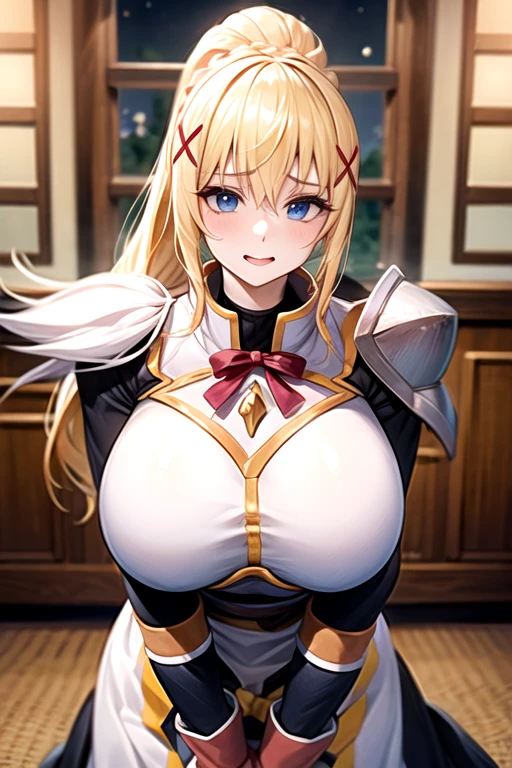 Darkness、KonoSuba、Blonde、High ponytail、gigantic breasts、aroused,see-through,best quality,