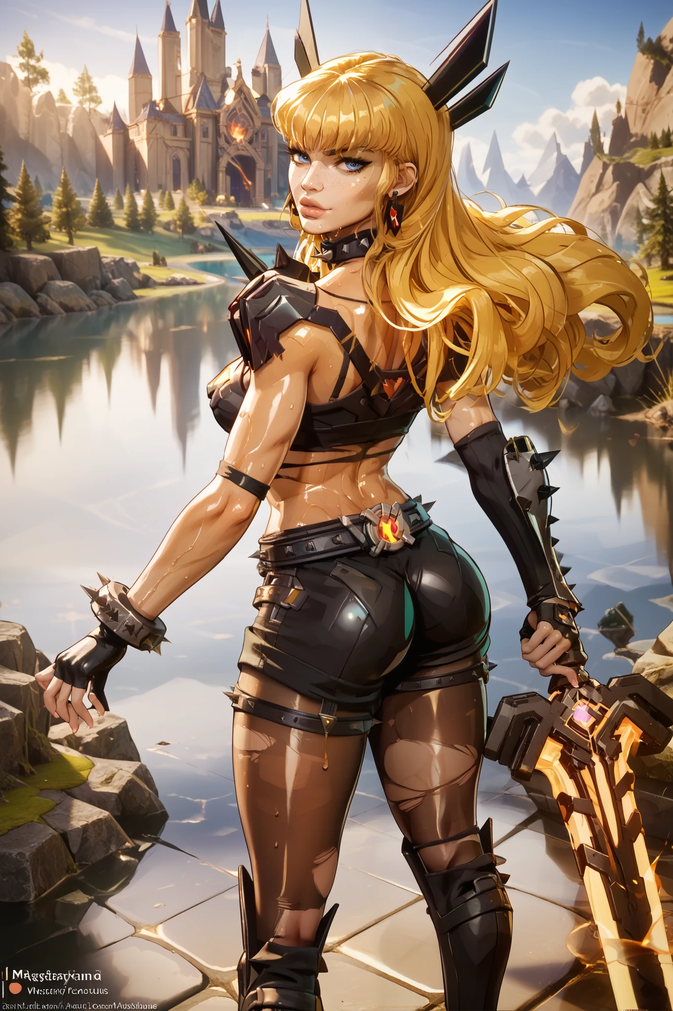 turned around, turned away looking back, anus facing the camera, ((masterpiece)), ((best quality)), (detailed), beautiful dark lighting, perfect, luscious lips, dark beautiful lighting, perfect, luscious lips, skinny, fit, athletic, Magik marvel rivals, Magik, Magik from behind, Illyana Rasputina, tall, long blonde hair with bangs, blue eyes, tight black crop-top that exposes her cleavage and mid-riff, Lower down shes wearing a very small pair of black hot-shorts, thigh high boots, Soul sword, Huge flaming sword, standing facing away while looking back seductively with anus facing the screen, camera angle from behind, full body from behind, nsfw, not safe for work, wet body from behind, nice body from behind, fit, thighs, curvy, sexy, beautiful legs, feminine body, thighs, curvy, sexy, complex detailed background, Hellscape, lava lake, magma, dark beautiful lighting, (((oiled collarbones))), (((oiled collarbones))), Beautiful face, Perfect face, Defined facial features, hard bone facial bone structure, defined cheek bones, Highly detailed beautiful face and eyes, evil seductive face, Detailed face, Detailed skin, 1girl, blue eyes, blonde hair, long hair, freckles, midriff, earrings, belt, black shorts, armor, shoulder armor, pauldrons, spiked bracelet, spiked collar, thigh straps, black gloves, fingerless gloves, brown pantyhose, torn pantyhose, knee boots