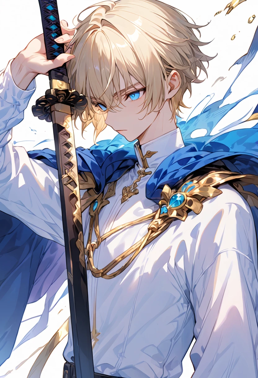 (masculine,male,boy), 20th, 1 male, absurdres, upper_body, hair_between_eyes, holding, holding_weapon, rune swords, white_shirt, harmony, undershirt, weapon, jewelry, cape, shirt, blue_cape, fate_(series), simple_background, gold, short_hair, black_hair, highres, fantasy, high res image, masterpiece, best quality, clear skin, shiny hair, ultra detailed eyes, dynamic angle, motion lines,