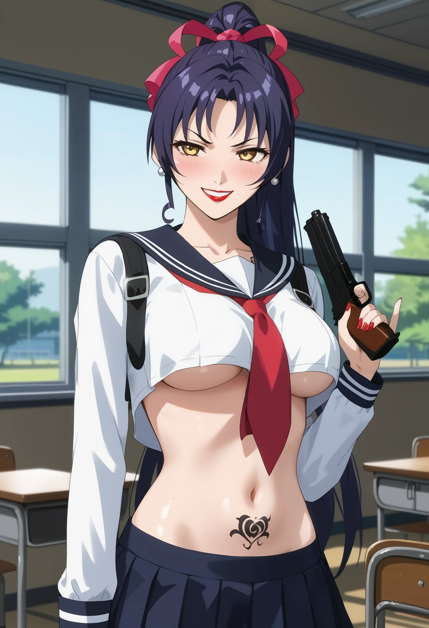 score_9, score_8_up, score_7_up, score_6_up, uncensored, , bloom, BREAK
Kozono Nami, 1girl, solo, smirk, parted lips,
yellow eyes, long hair, purple hair, high ponytail, hair ribbon, ear piercing, long hair, blush, lipstick,Hot girl, baddie, smoking, sensual, attractive, masterpiece, best quality, highly detailed, a anime girls in sailor uniforms with a gun posing for a picture,
evil smile, smile, open mouth,black_serafuku, ecchi anime style, anime girls , (nsfw) not safe for work,
ecchi style, ecchi, shipgirls, digital anime art!!, high school girls, holding a gun, hold a gun, anime style 4
k, micro skirt, exposed belly, exposed navel, exposed midriff, holding pistol,underboob,
exposed lower belly,school, classroom, , dragon tattoo , shiny skin, tattoo , tattoo midriff, rose tattoo,