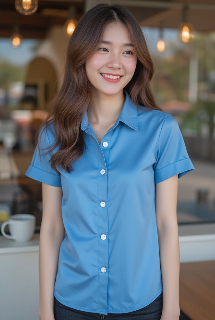 Best quality, Masterpiece, 超高分辨率, RAW photo, (Photorealistic:1.4), 1girll, Detailed face, Cowboy shot, In (White shirt with blue collar, Blue sport shorts),Large breasts,Unbuttoned clothes,cleavage,(Narrow waist:1.2), Long hair, In the library, Bokeh, Beautiful lighting, model posing,Smile,