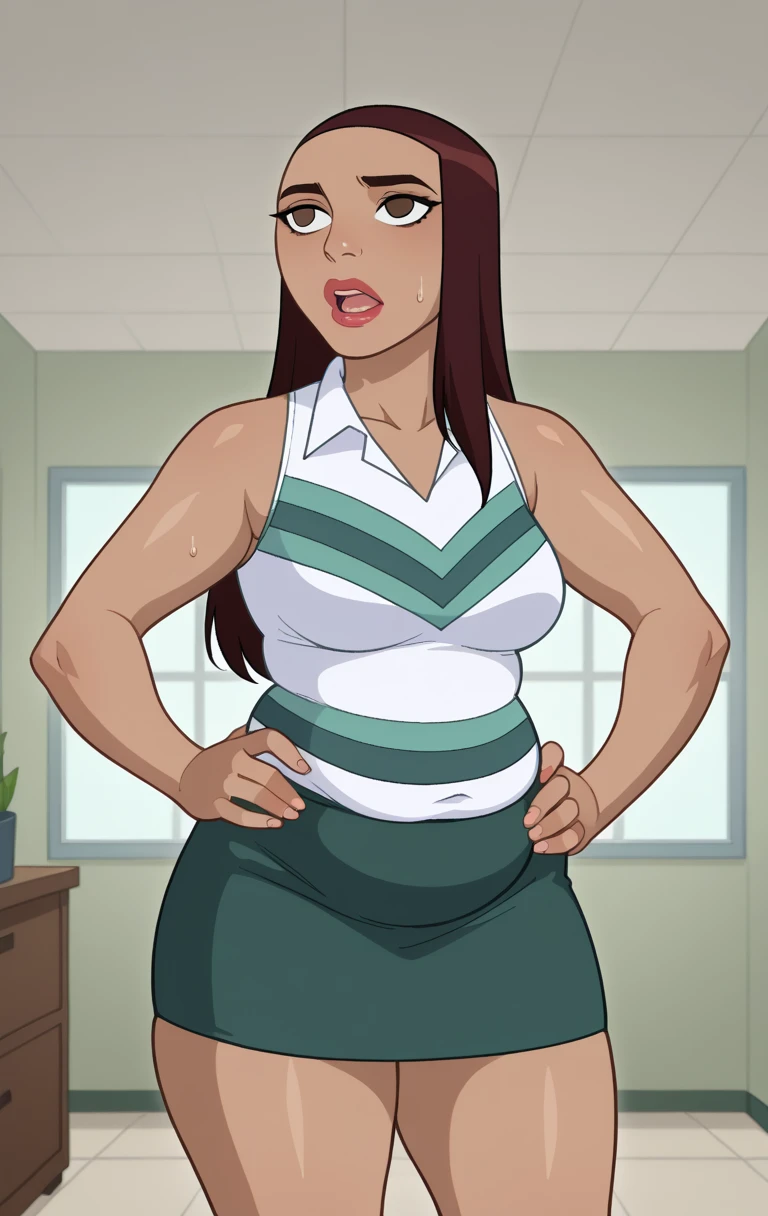 score_9,score_8_up,score_7_up BREAK LizAllanmarlo,1girl,solo,long hair,skirt,shirt,black hair,brown eyes,white shirt,sleeveless,dark skin,dark-skinned female,lips,lipstick,striped shirt,green skirt,cowboy shot,room,room background, hands on hips, tired exporession, sweaty, out of breath, open mouth, obese, chubby, big arms, thick thighs