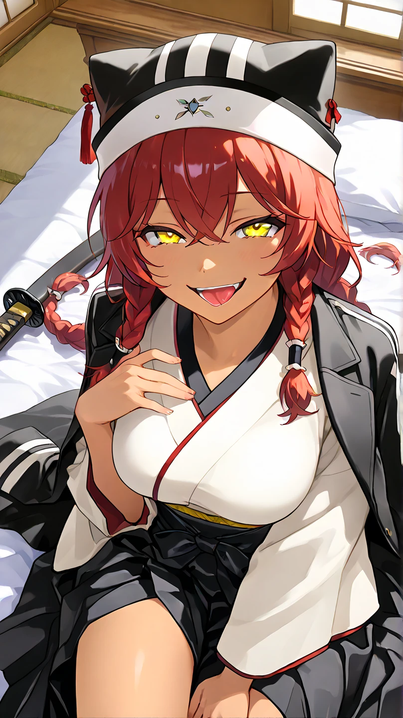 ,  High Quality , 最 High Quality , masterpiece,  high res, detailed face , anatomically correct , 
 yellow eyes,  red hair,  braids,,  wearing a black beast ear hat , One girl , solo, Dark Skin, brown skin, adult woman, Beautiful Women,Beauty,
Inside a Japanese house(Japanese-style room),
samurai, white kimono on top (Kimono with a cloud pattern ),Black hakama underneath ,samuraiの女性, wearing a kimono so you can't see your skin ,Katana,Katanaの鞘に雪の柄が入っている,Katanaの大きさは彼女に合わせて,着物の上に black open coatを羽織っている, black open coat(White spider web pattern )
Lie on the bed,Lie on your back on the bed
Closeup , from your hand and direct your gaze, Medium build,accurate, slightly larger breasts,
smile, ecstatic expression beside the piano,excited, tongue, open your mouth slightly ,mischievous personality , seductive smile ,Her eyes are frowning ,Up to the thighs,Draw her in a larger size,Crazy look, mischievous face , teasing viewers
angle from above,
 staring at me , frowns, staring with thin eyelids,Eyes on garbage, contemptuous eyes ,  smirking,