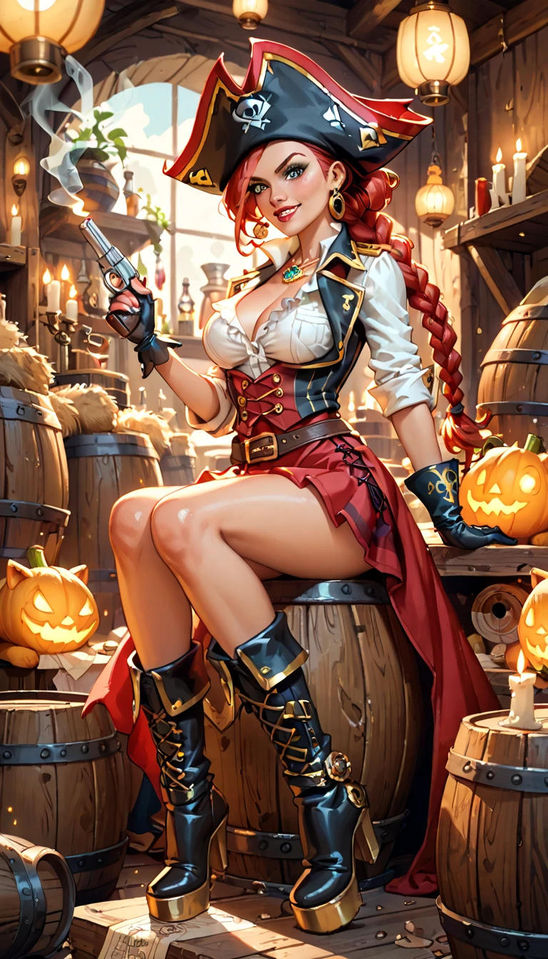 masterpiece, boa hancock, pirate woman, witch red dress, big neckline, huge breast, high hipts, sitting in wooden barrel, long legs, bare legs