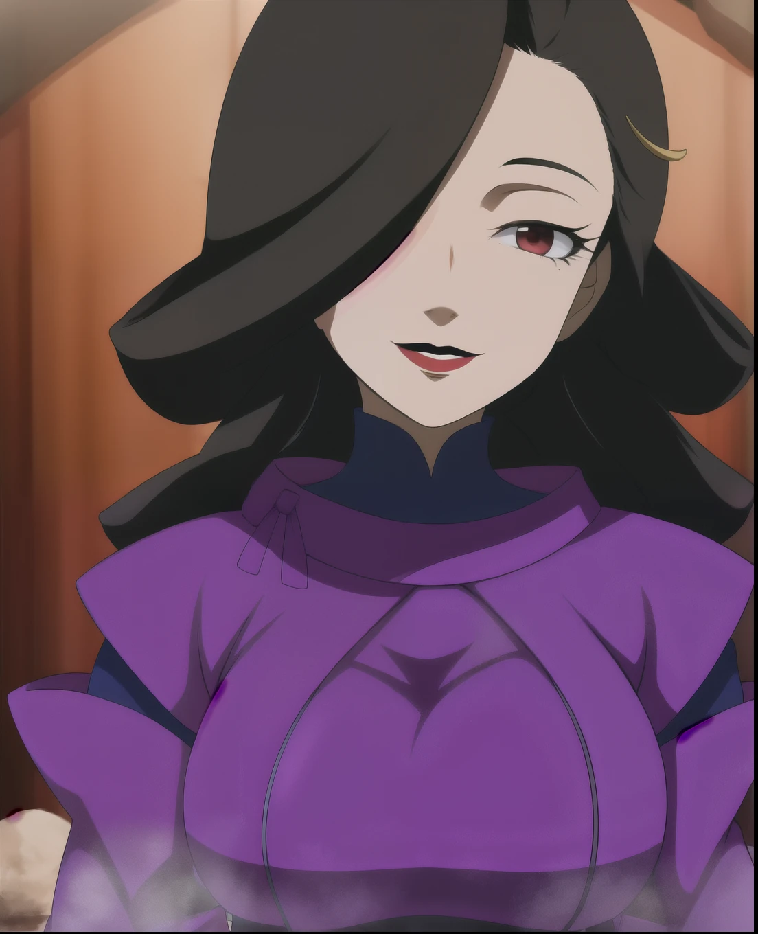Yarimakuri 2 day 1 night hot spring trip,Have sexual intercourse instinctively , large public bath ,and its changing room , portrait, red eyes, Hair on one eye, black hair, wave hair, red lips, Purple Dress, smile, mature woman, background for the upper class will be cast, Castle Arch , Fantasyland