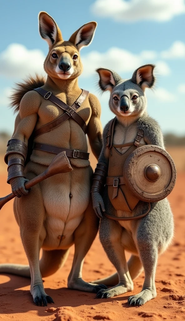 male, kangaroo, (torn loincloth), big pecs, ((sweaty and musky)), stinky, big bulge, big belly, tribal, (body paint), blush, lactation, milk ((from, photo realistic