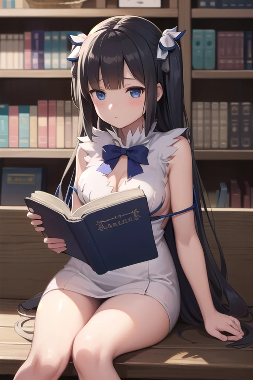 danmachi Hestia,  Hestia, middle、部屋のmiddle,read book , One Girl ,Bookshelf,sit,View Book,((empty eyes)),((simple eyes))