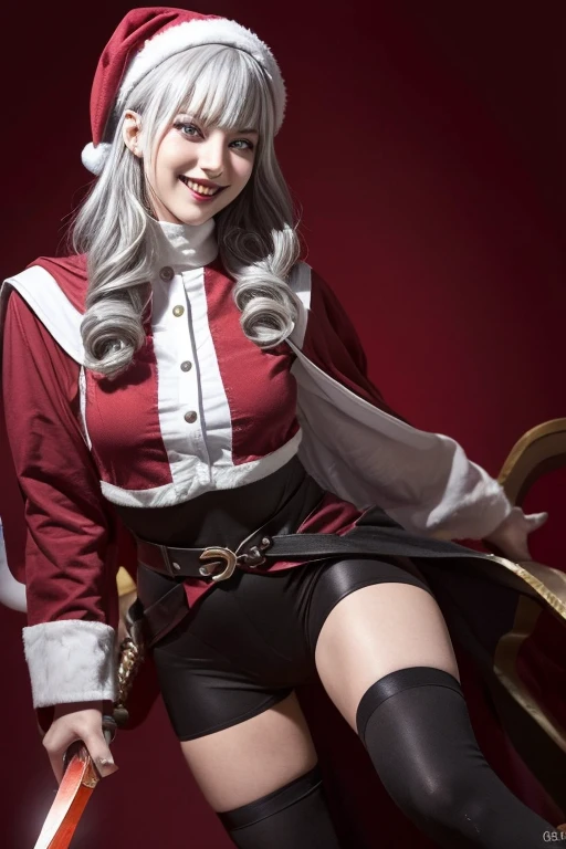 (from below:1.2),((1girl, silver hair, long hair, evil red eyes, crazy eyes, crazy smile:1.5, ), (santa clothes, santa hat, black tights, santa boots), (((holding ominous japanese sword ))), ((battlescene,slashilg,killing the mafia,blood splash)), (indoor, party room, christmas party), ((masterpiece:1.5)), ((best quality:1.5)), (ultra-detailed:1.5), (cinematic lighting, cinematic posing), (with sparkling eyes and a contagious smile),her thin pubic hair:1.2, looking at viewer