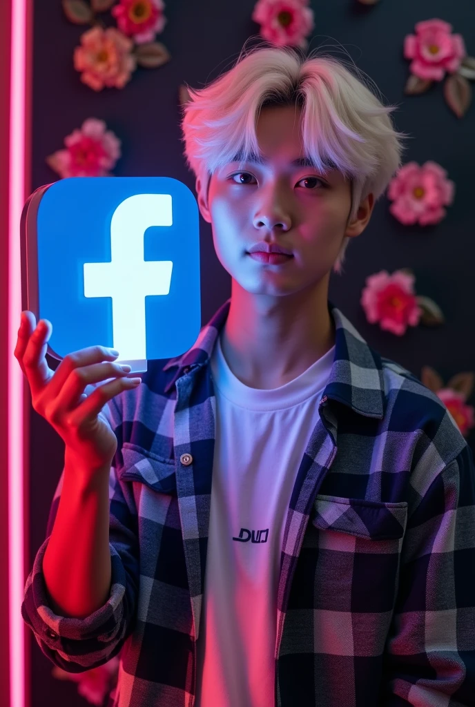 logo 3D, a handsome 17-year-old youth,With white hair, wearing a checkered shirt and t-shirt, holding a glowing TikTok logo, displaying “MINGKAK” Indonesian text with perfect spelling, hyperrealistic, black background