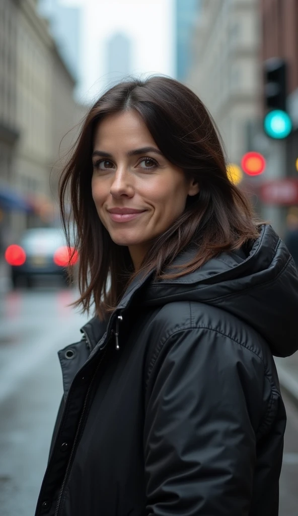 woman 50 years old, stands on the road next to the car, (Biker clothing:1.1), realistic face, high quality, HD, brown short hair, shoulder-length hair, bang, smile, dimples