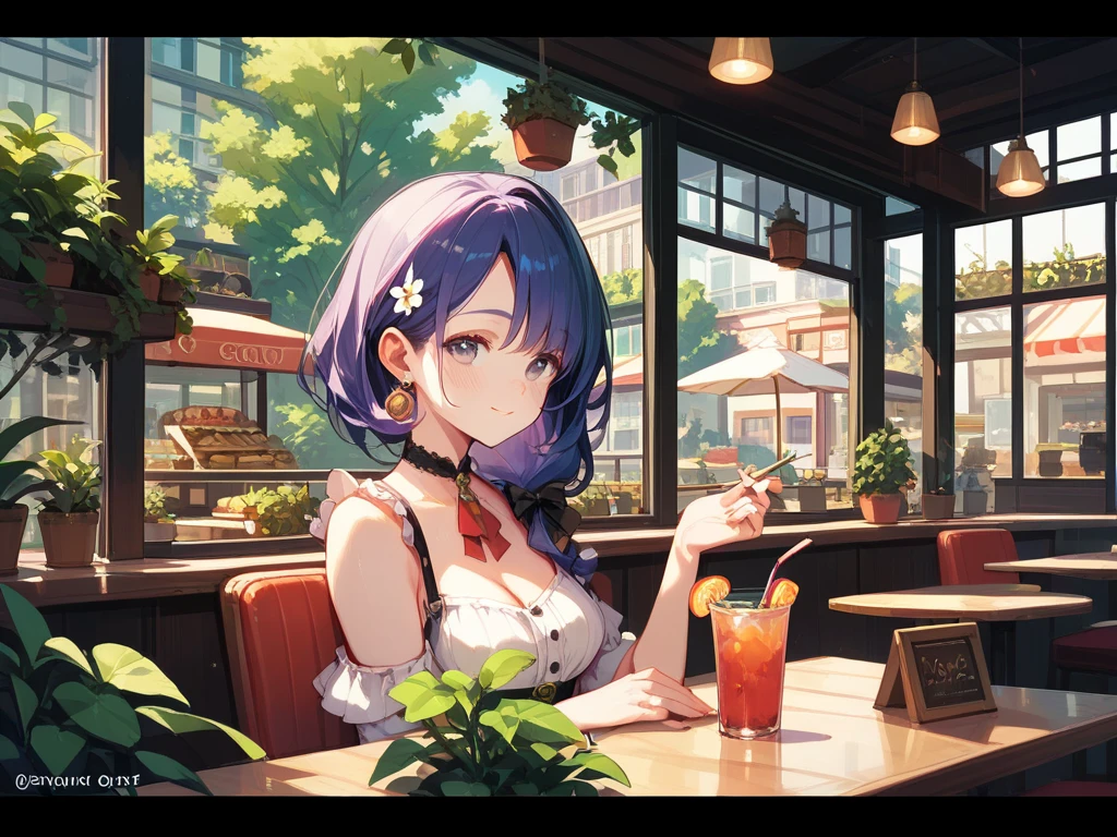 hiroi kikuri, sharp teeth, blunt bangs, braid, hair over shoulder, hair bow, green dress, strap slip, purple hair, purple eyes
masterpiece, best quality, absurdres, bar, night, drinking sake, happy, drunk