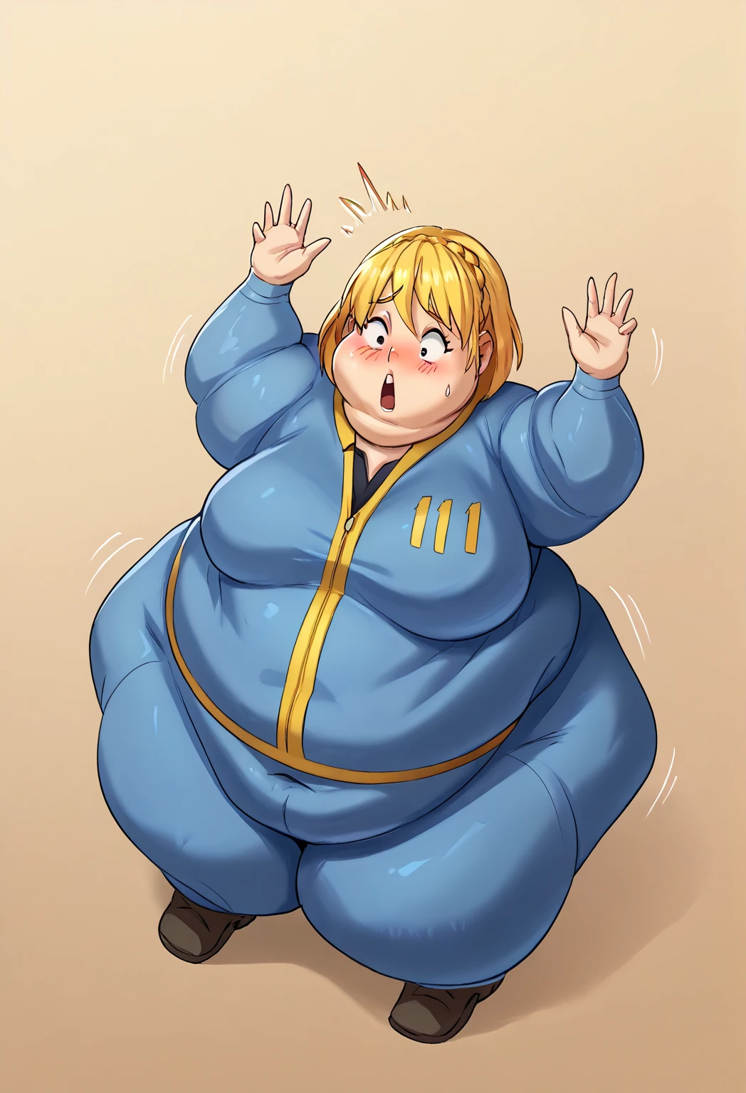 score_9, score_8_up, score_7_up,  vault girl, vault suit, obese, shocked, blush 