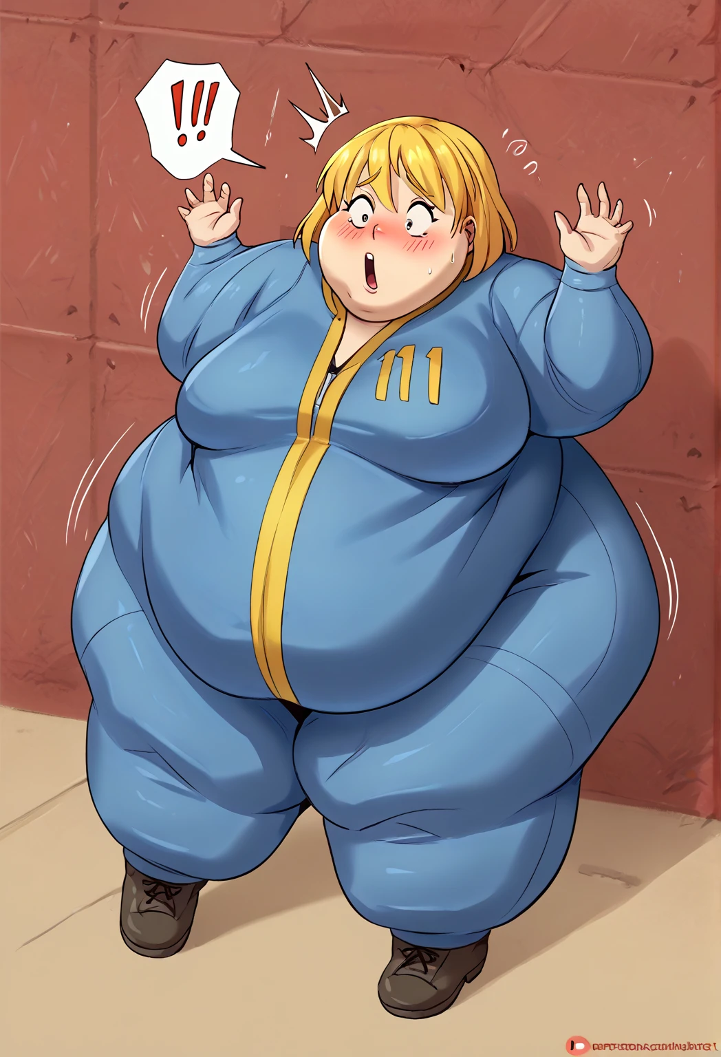 score_9, score_8_up, score_7_up,  vault girl, vault suit, obese, shocked, blush 