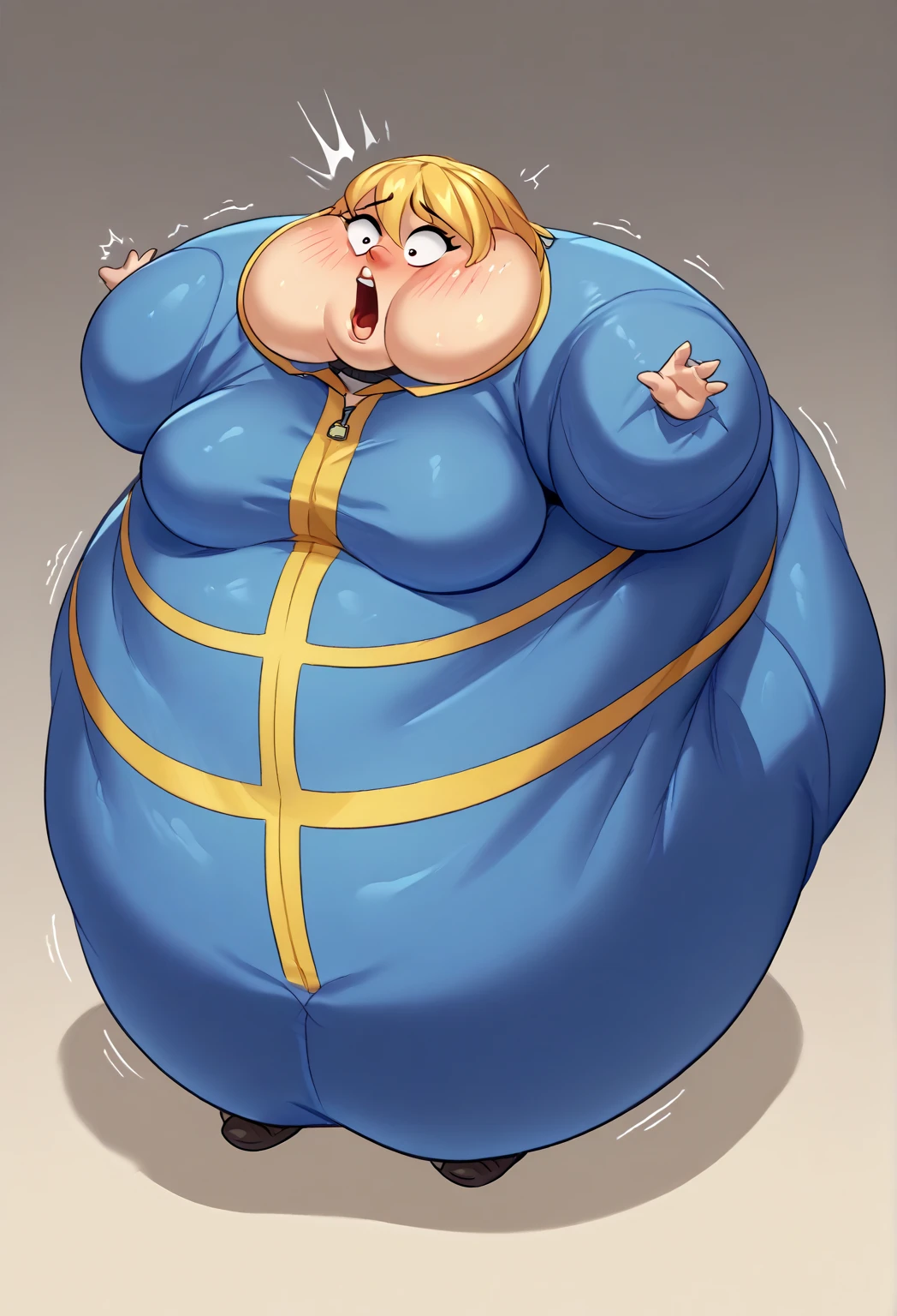 score_9, score_8_up, score_7_up,  vault girl, vault suit, obese, shocked, blush 