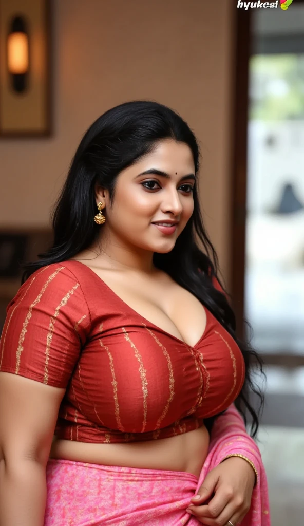  indian chubby woman is wearing a full pink long skirt, village forest hut, red shining silk deep low neck Hook blouse,big Deep cleavage,big sexy breast,big ,detailed body and face, big bright eyes, charming, sexy, perfect anatomy, braid hair, detailed background, 8k,big breast, from above 