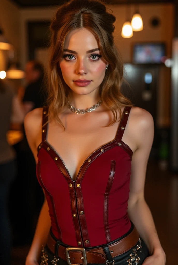 Slim tall athletic woman, age 25, 8k (High definition), looks like ElenaKoshkaQuiron, beautiful, blue big bug eyes, dressed as a prostitute in the old west, wavy thick brown hair, hair up, curvy, small perky breasts, saloon background