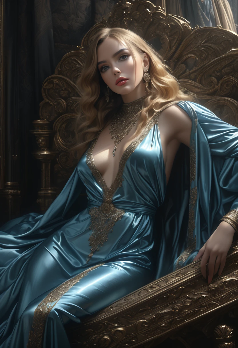  a beautiful woman ,  elegant silk satin dress ,  intricate jewelry ,  detailed facial features ,  eye-catching poses , opulent background , dramatic lighting, Oil painting, cinematic, hyper realistic , ( best quality,4K,8k, highres icon, masterpiece:1.2), ultra detailed,( realistic ,photo realistic ,photo- realistic :1.37),Exquisit,dramatic,Chiaroscuro,cinematic composition,artfully,extravagant,opulent,  a blonde and a brunette hair bravely naughty 2 girls in aquamarine blue satin metal robe,very long legs, Splayed legs, Focus pussyline ,  beautiful detailed eyes ,  beautiful detailed lips ,  extremely detailed eyes and face , Long eyelashes, Metal bar ,  metal cuffs around wrists and neck , dark fantasy, cinematic lighting, dramatic shadows,  gloomy colors , Chiaroscuro, dramatic atmosphere, dark gothic, ( best quality,4K,8k, highres icon, masterpiece:1.2), ultra detailed,( realistic ,photo realistic ,photo- realistic :1.37)