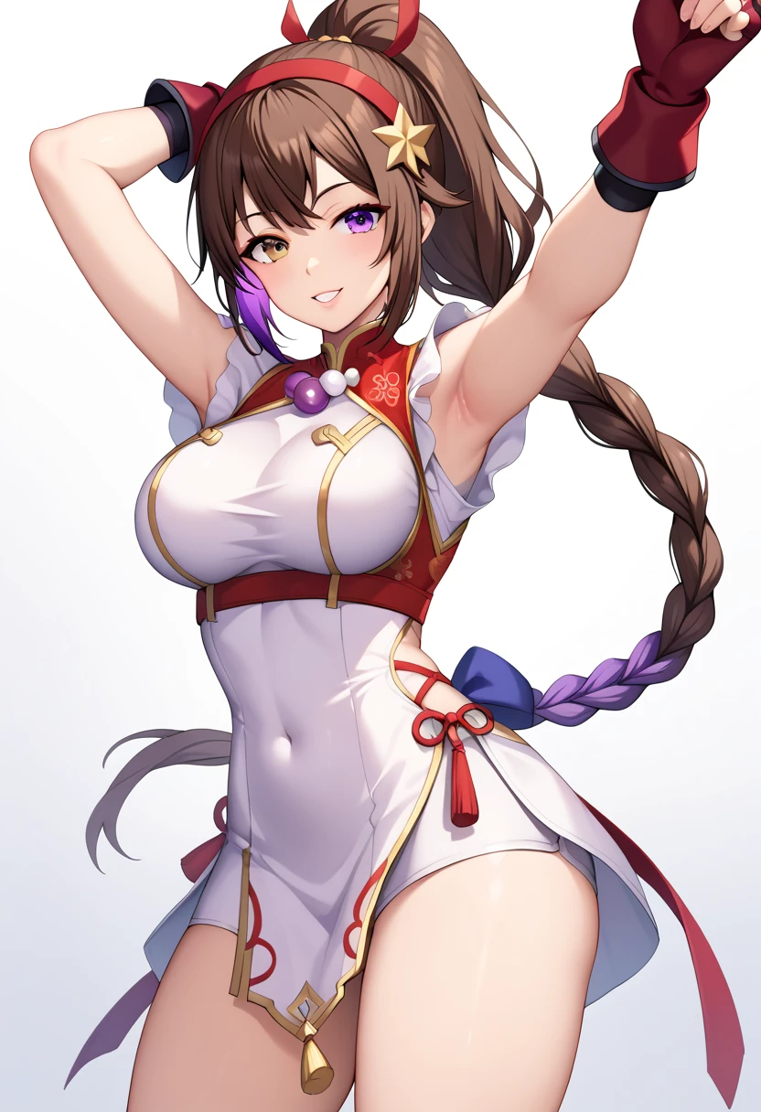 score_9_up, score_8_up, score_7_up,score_6_up, score_5_up, score_4_up , 1girl, solo, ((SPLIT-COLOR HAIR)), ((brown hair)), ((purple hair)), heterochromia, FLTMISHR, brown hair, high ponytail, large breasts,sleeveless, rope, japanese clothes, revealing clothes, pelvic curtain, AthnaKOFXV, purple hair, purple eyes, red hairband,pearl (gemstone), off-shoulder, white sleeves, fingerless gloves, short white china dress, ysakazaki, dougi, spandex, headband, fingerless gloves, brown hair, brown eyes, single braid,, playful, sassy, seductive pose, cowboy shot, simple background