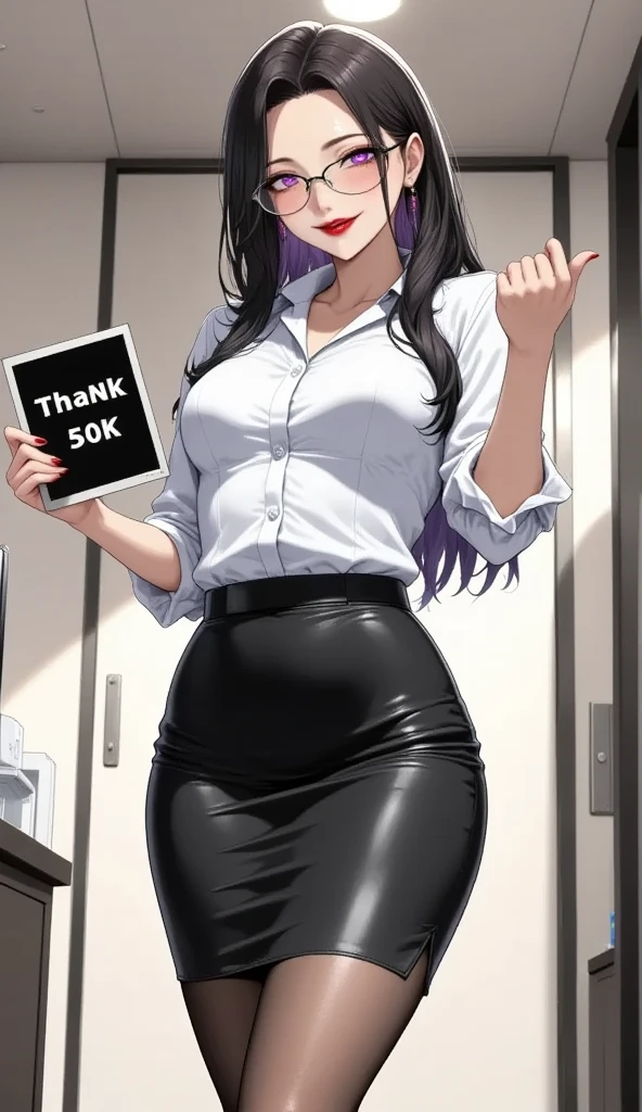 One young and beautiful woman,(masterpiece:1.3, top quality :1.3, very detailed depiction:1.3, incredible high definition:1.3,High quality anime drawings),( office lady with straight black hair,An excellent female secretary,Villainess,Glasses),( business suit, tight skirt , formal shirt to accumulate strength, black tights, Luxurious Accessory , high heels by Miguel),( purple eyes, Crazy Eyes , half-closed eyes, normal breasts, wicked smile, glossy red lips , is opening,Seductive gestures,Beautiful legs, healthy legs,Curvaceous Body,High quality skin), cowboy shot,「Thank you 50K」holding a message board that reads:2.5