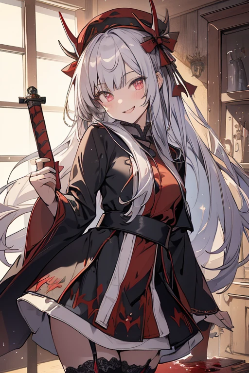 (from below:1.2),((1girl, silver hair, long hair, evil red eyes, crazy eyes, crazy smile:1.5, ), (santa clothes, santa hat, black tights, santa boots), (((holding ominous japanese sword ))), ((battlescene,slashilg,killing the mafia,blood splash)), (indoor, party room, christmas party), ((masterpiece:1.5)), ((best quality:1.5)), (ultra-detailed:1.5), (cinematic lighting, cinematic posing), (with sparkling eyes and a contagious smile),her thin pubic hair:1.2, looking at viewer